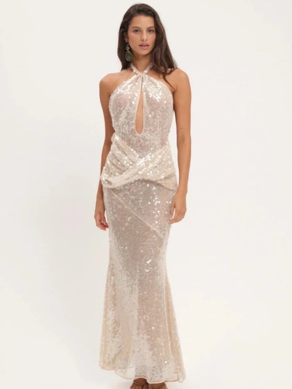 NWT For Love And Lemons Sydney Nude Sequin Maxi Dress XL